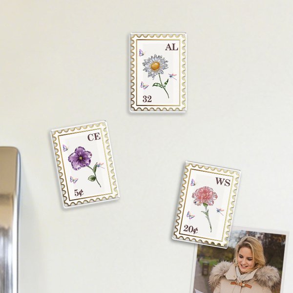 Personalised Crystal Birth Flower Postage Stamp Acrylic Fridge Magnet with Initials Home Decor Birthday Gift for Family Friend