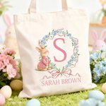 Personalised Cute Easter Bunny Wreath Bow Canvas Tote Bag with Initial and Name Daily Use Easter Day Gift for Kids