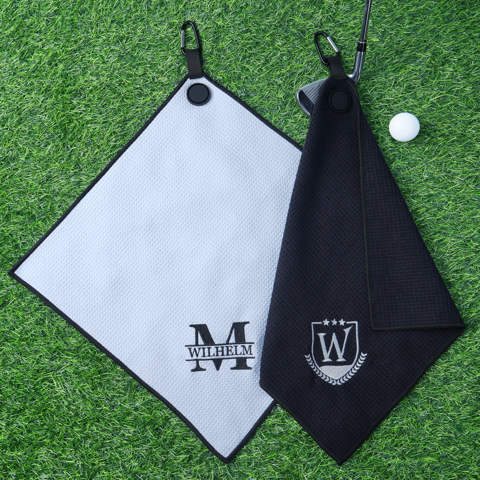 Personalisierte Golf Elemente Monogramm magnetisches Design Waffel Golf Handtuch mit Namen Initial und hängenden Clip Geburtstagsgeschenk für Golfspieler Liebhaber