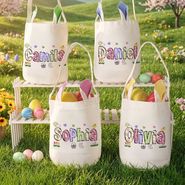 Personalized Bunny Ears Easter Basket with Name Egg Hunting Accessories Easter Gift for Boys Girls