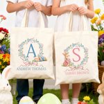 Personalised Cute Easter Bunny Wreath Bow Canvas Tote Bag with Initial and Name Daily Use Easter Day Gift for Kids