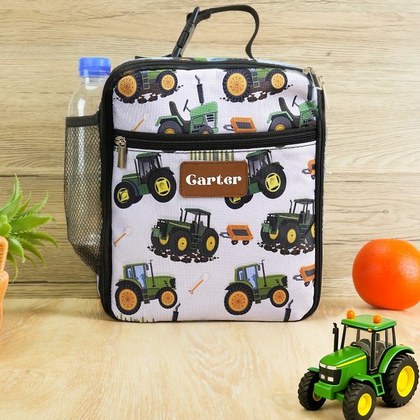 Personalized Green Tractor Pattern Insulated Kids Lunch Bag with Name Back to School Birthday Gift for Boys Girls