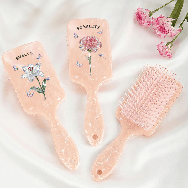 Personalized Crystal Birth Flower Butterfly Paddle Air Cushion Comb with Name and and Ribbon Makeup Tool Birthday Gift for Women Girls