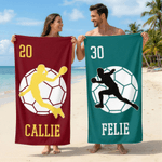 Personalisiertes Handball-Design Strandtuch mit Personensilhouette Namen und Nummer Urlaub Teamgeschenk für Teammitglieder Freunde