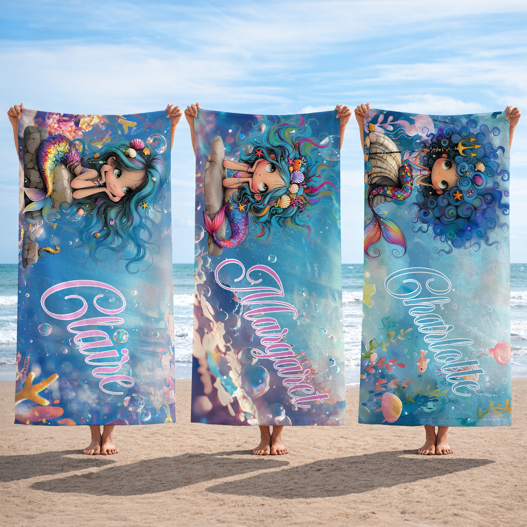 Personalisiertes Strandtuch mit Cartoon-Meerjungfrau-Design | mit Namen | schnelltrocknend | Sommerausflug Geburtstag Geschenk für Mädchen
