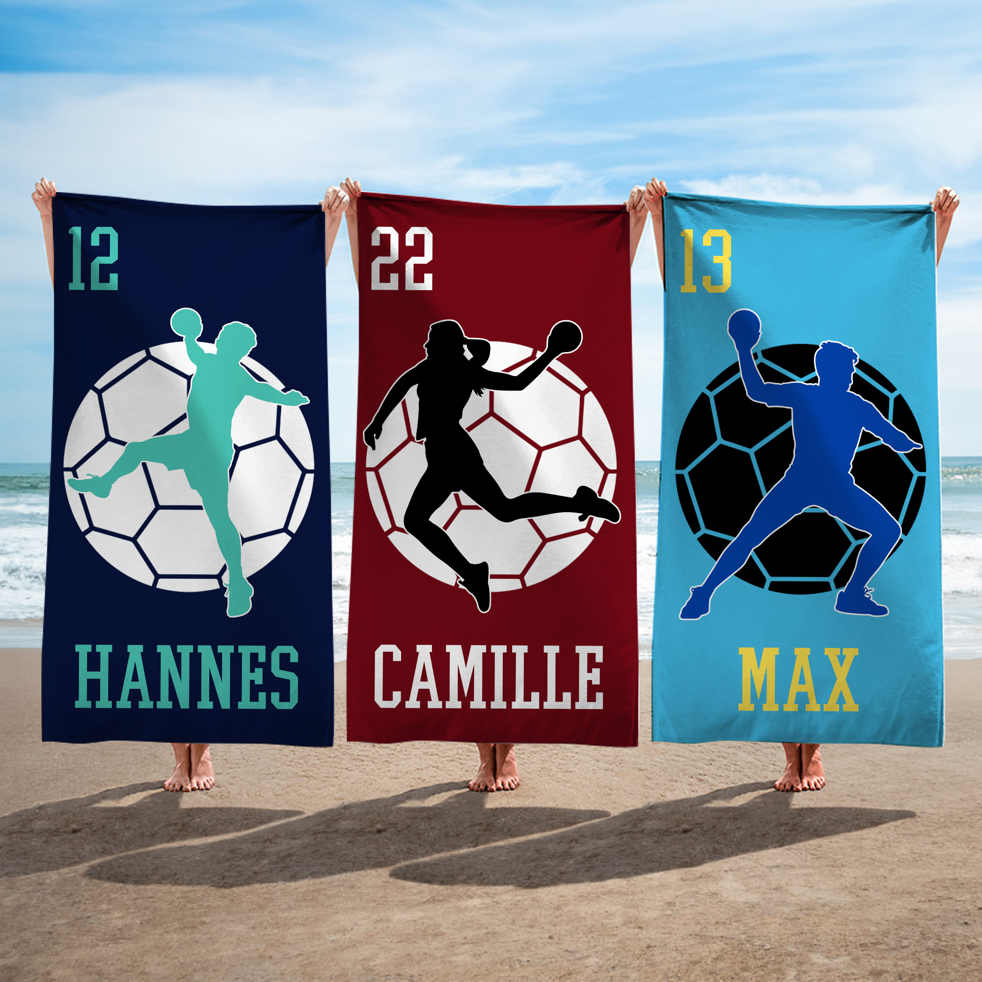 Personalisiertes Handball-Design Strandtuch | mit Personensilhouette Namen und Nummer | Urlaub Teamgeschenk für Teammitglieder Freunde