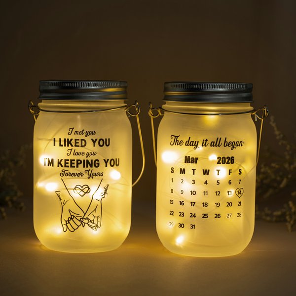 Personalized Couple Pinky Promise Light Up Mason Jar Night Light with Name Calendar Date and String Lights Valentine's Day Anniversary Gifts for Her