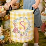 Personalised Cute Easter Bunny Wreath Bow Plaid Laundry Basket with Initial and Name Daily Use Easter Day Gift for Kids