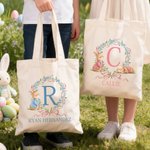 Personalised Cute Easter Bunny Wreath Bow Canvas Tote Bag with Initial and Name Daily Use Easter Day Gift for Kids