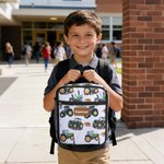 Personalized Green Tractor Pattern Insulated Kids Lunch Bag with Name Back to School Birthday Gift for Boys Girls