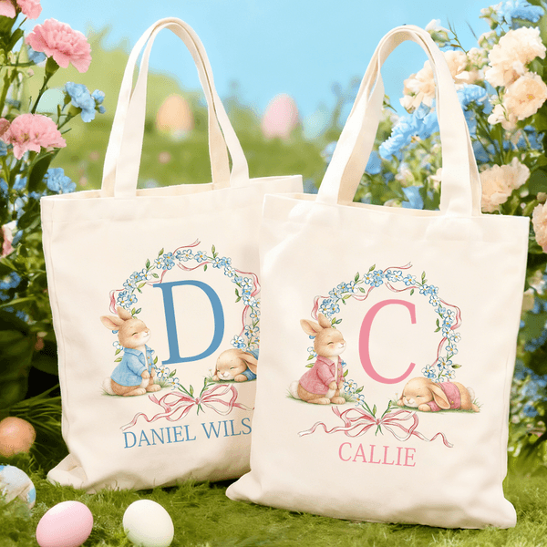 Personalised Cute Easter Bunny Wreath Bow Canvas Tote Bag with Initial and Name Daily Use Easter Day Gift for Kids