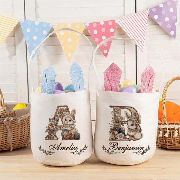 Personifierad Vintage Flower Rabbit Eggs Bunny Ears Påskkorg med namn Påskdagen Äggjakt Partygåva för barn