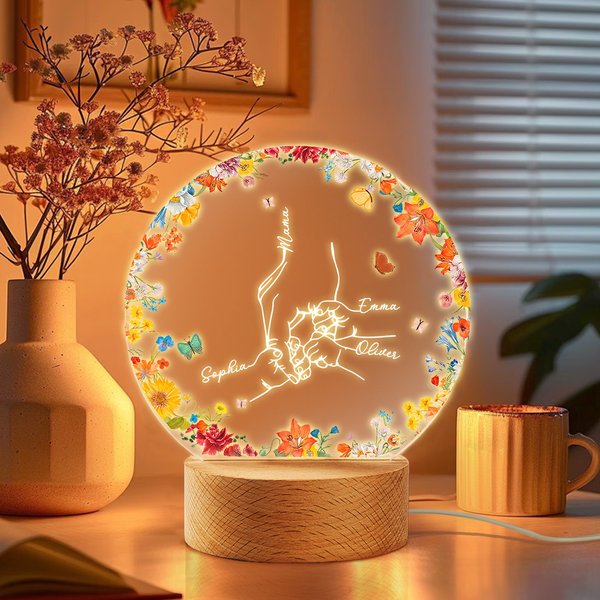 Personalized Holding Hands LED Night Light with Name and Wooden Base Room Decor Mother's Day Birthday Baby Shower Gift for Newborn New Mom