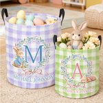Personalised Cute Easter Bunny Wreath Bow Plaid Laundry Basket with Initial and Name Daily Use Easter Day Gift for Kids
