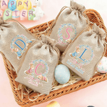 Personalised Wreath Bow Cute Rabbit Initial Drawstring Sweets Gift Bag with Name Easter Holiday Party Favors Gift for Boys Girls
