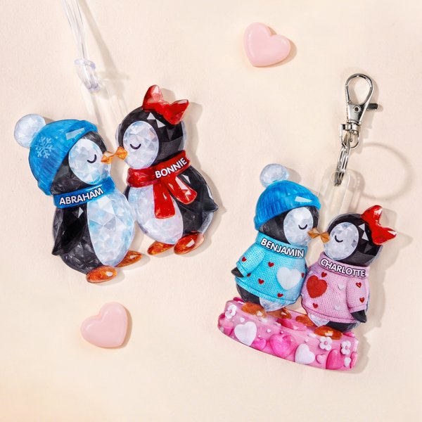 Llavero Personalizado Efecto Cristal Pareja Pingüino Besándose con Nombres San Valentín Regalo de Aniversario para Pareja