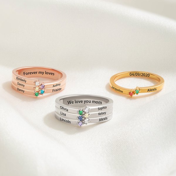 Personalised 1-8 Birthstones Ring with Engraved Name Dainty Women Jewellery Birthday Mother's Day Gift for Grandma Mom
