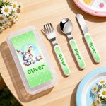 Personalised Cute Cartoon Bunny Fork Spoon Knife 3 Pcs Cutlery Set with Name and Case Back to School Birthday Easter Gift for Boys Girls