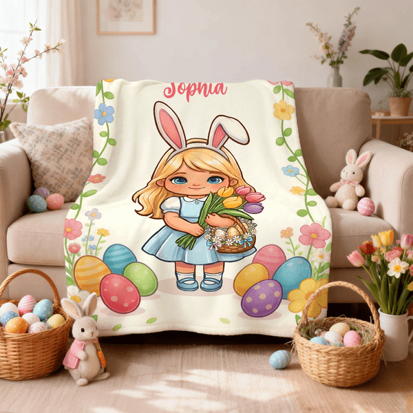 Personalised Cute Character Easter Egg Soft Throw Blanket with Name Home Use Easter Gift for Boys Girls