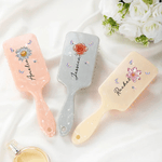 Personalized Crystal Birth Flower Hair Brush Anti-Static Massage Comb with Name and Ribbon Makeup Tool Daily Use Birthday Gift for Women Girls