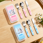Conejito de dibujos animados personalizado Tenedor Cuchara Cuchillo Juego de cubiertos de 3 piezas con nombre y estuche Vuelta al cole Cumpleaños Pascua Regalo para niños Niñas