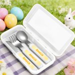 Personalised Cute Cartoon Bunny Fork Spoon Knife 3 Pcs Cutlery Set with Name and Case Back to School Birthday Easter Gift for Boys Girls