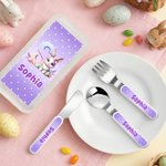 Personalised Cute Cartoon Bunny Fork Spoon Knife 3 Pcs Cutlery Set with Name and Case Back to School Birthday Easter Gift for Boys Girls