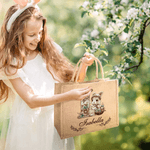 Personalized Easter Bunny Floral Embroidery Style Large Capacity Jute Tote Bag with Name and Initial Eggs Hunting Easter Holiday Gift for Kids