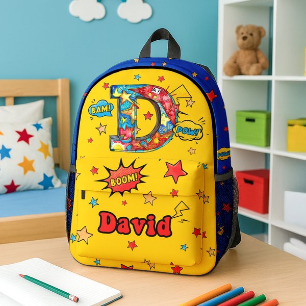 Personalized Pop Art Star Boom Comic Style Large Capacity Backpack with Name and Initial Back to School Birthday Gift for Boys Girls
