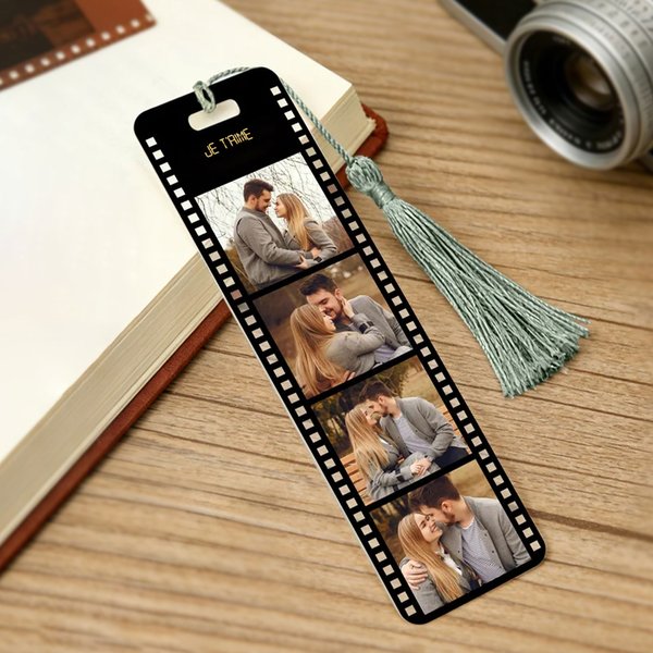 Marque-page en acrylique personnalisé avec 4 photos de film et texte - Cadeau Saint-Valentin pour couple famille et amoureux des livres