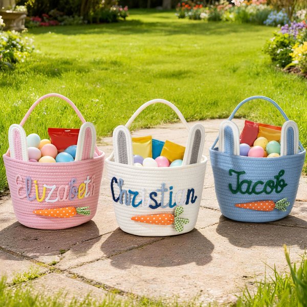 Personalized Carrot Bunny Ears Reusable Easter Basket with Name Egg Hunting Accessories Easter Gift for Boys Girls