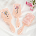 Personalised Crystal Birth Flower Hair Brush Anti-Static Massage Comb with Name and Ribbon Makeup Tool Daily Use Birthday Gift for Women Girls