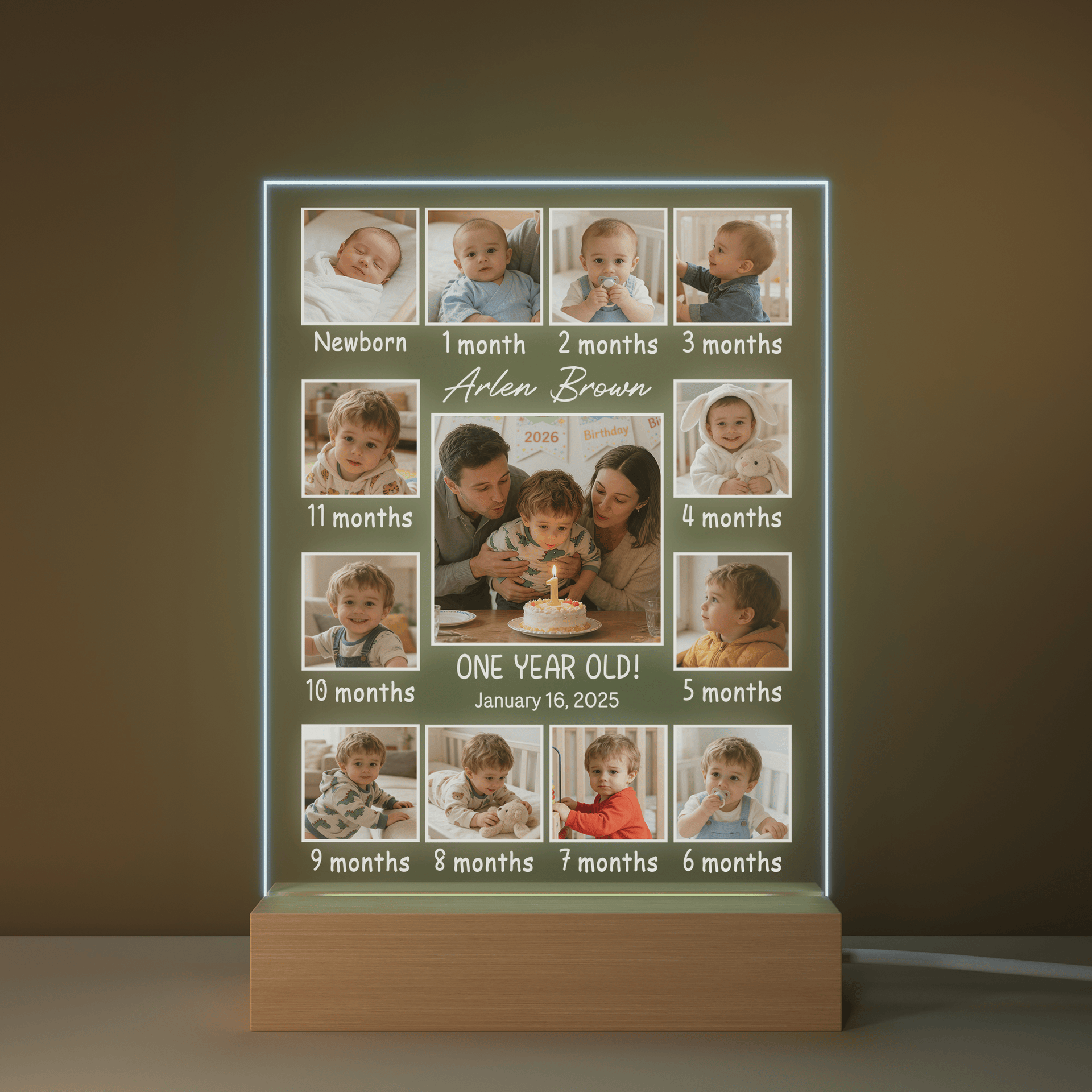 Personalised Infant Life Milestones 13 Photos 7 Colours Acrylic LED Night Light with Wooden Base Nursery Decor Baby Shower Birthday Gift for Newborns