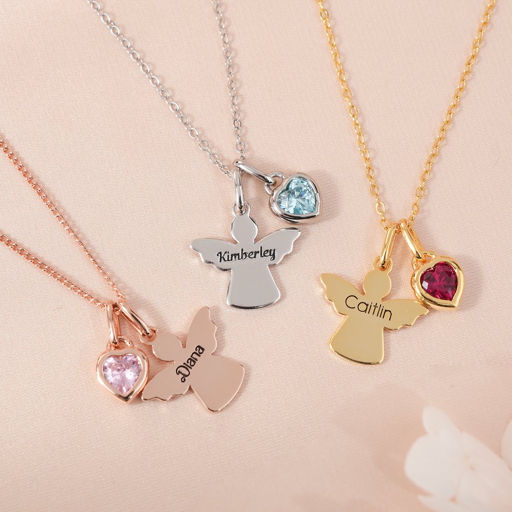 Personalized Guardian Angel Birthstone Necklace with Name Dainty Jewelry Mother's Day Birthday Gift for Women Family Friends 3