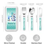 Personalised Cute Cartoon Bunny Fork Spoon Knife 3 Pcs Cutlery Set with Name and Case Back to School Birthday Easter Gift for Boys Girls