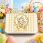 Personlig rutete krans Polka Dot Bow Bunny Food Grade Metal Biscuit Tin Oppbevaringsboks med navn påskegave til familie barn