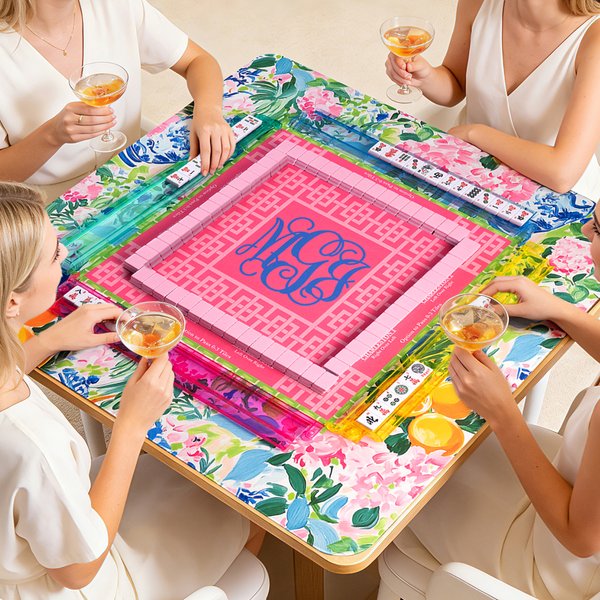 Personlig blomsterdesignet vinmonogram Neopren Mahjong-matte med oppbevaringspose Bursdagsgave til Mahjong-elskere