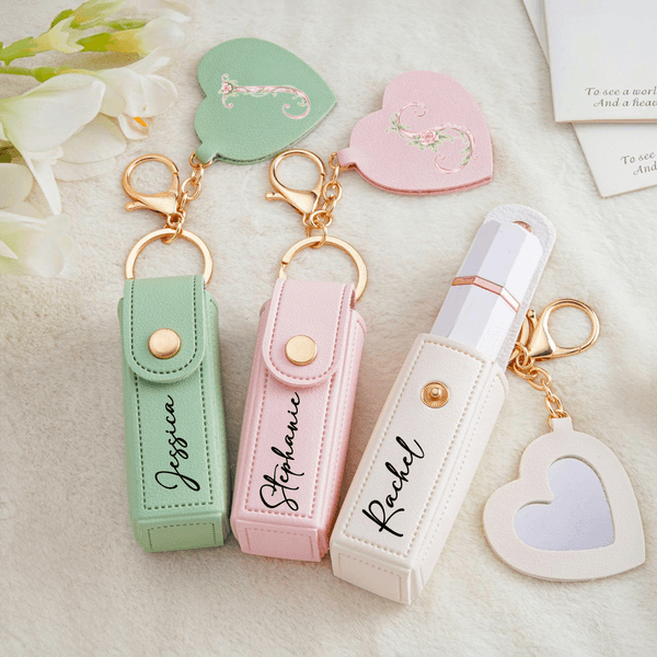 Personalised Heart-Shaped Mirror Floral PU Leather Lipstick Case Keychain with Name and Initial Wedding Birthday Gift for Bridesmaids Best Friends