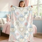 Personalized Bow Flower Cute Easter Bunny Soft Throw Blanket with Name Home Decor Easter Birthday Gift for Girls Kids