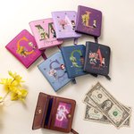 Personalised Cartoon Character Birth Flower Leather Compact Bifold Pocket Wallet with Name and Initial Birthday Anniversary Gift for Women Girls