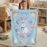 Personalised Floral Bow Frame Crown Rabbit Soft Throw Blanket with Name Room Decor Birthday Easter Gift for Boys Girls
