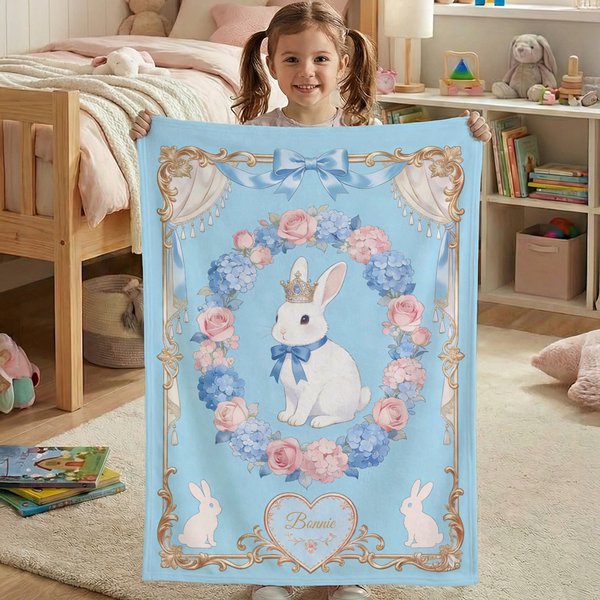 Personalised Floral Bow Frame Crown Rabbit Soft Throw Blanket with Name Room Decor Birthday Easter Gift for Boys Girls