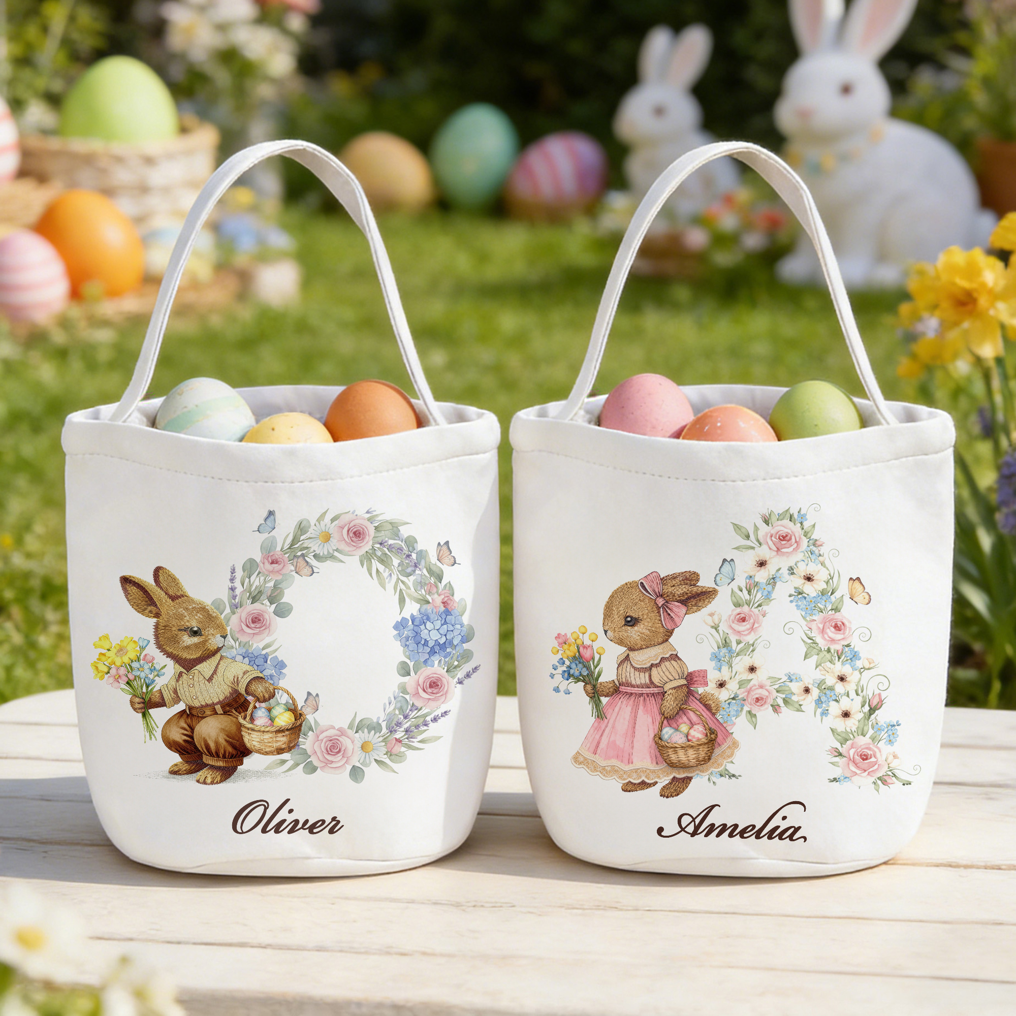 Personalisierte niedliche Hase Ostereier florale anfängliche große Kapazität Leinwand Osterkorb mit Namen Ostertag Geschenk für Jungen Mädchen