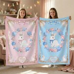 Personalised Floral Bow Frame Crown Rabbit Soft Throw Blanket with Name Room Decor Birthday Easter Gift for Boys Girls