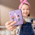 Personalised Cartoon Character Birth Flower Leather Compact Bifold Pocket Wallet with Name and Initial Birthday Anniversary Gift for Women Girls