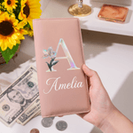 Personalised Pearl Effect Birth Flower  PU Leather Long Billfold Wallet with Name and Card Holder Daily Use Birthday Mother's Day Gift for Woman