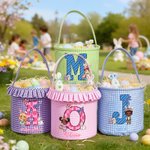 Personalisierte niedlichen Kranz Hasenohren Cartoon Charakter Initial Plaid Osterkorb mit Namen Ostertag Eierjagd Geschenk für Kinder