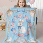 Personalised Floral Bow Frame Crown Rabbit Soft Throw Blanket with Name Room Decor Birthday Easter Gift for Boys Girls