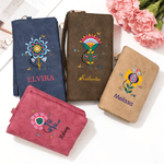 Personalised Folk Art Flower Portable PU Leather Wristlet Wallet with Card Holder and Name Mother's Day Birthday Gift for Women