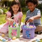 Personalisierte niedlichen Kranz Hasenohren Cartoon Charakter Initial Plaid Osterkorb mit Namen Ostertag Eierjagd Geschenk für Kinder